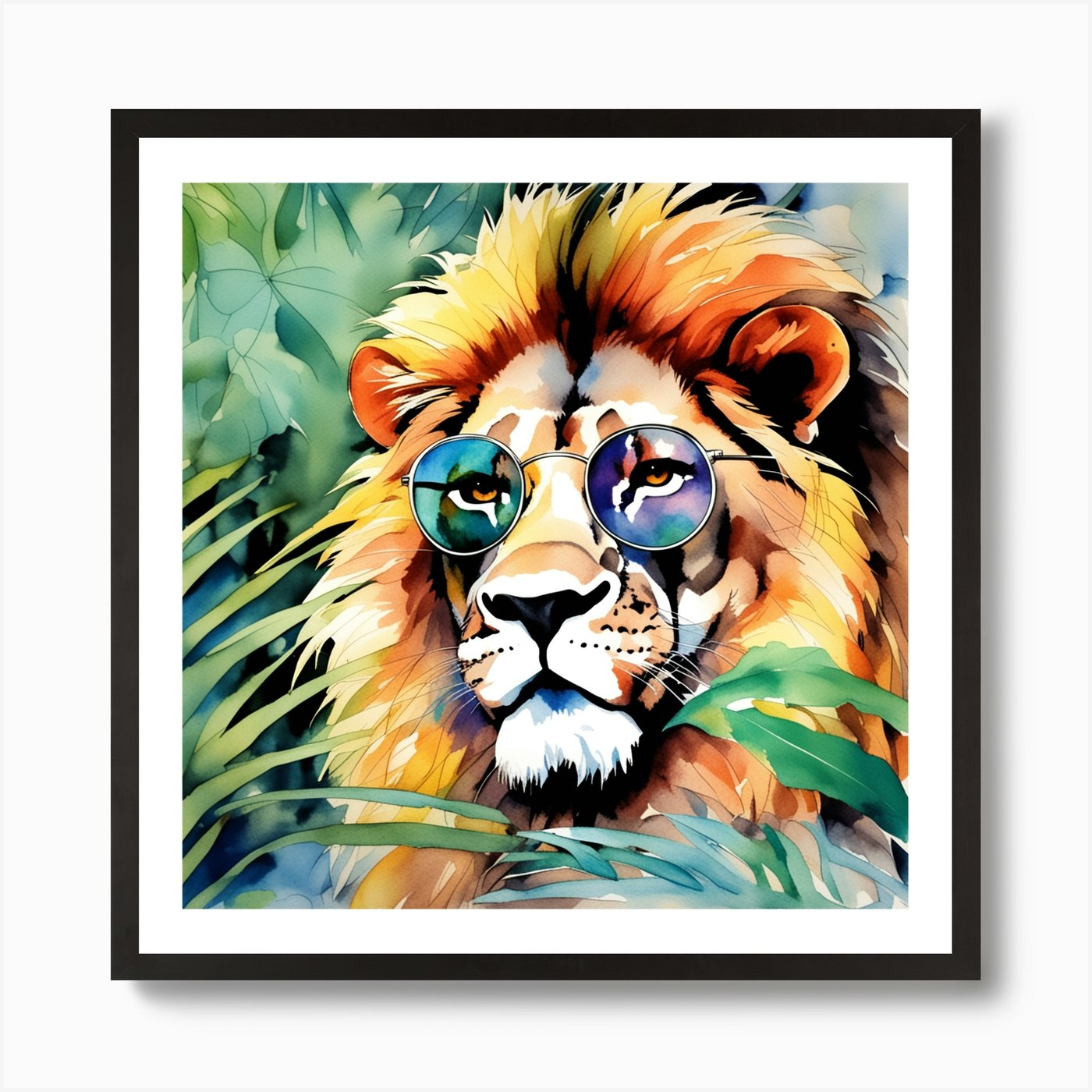Lion in Glasses Liquid ink Art Prin Framed Wall Art Poster Canvas Print Picture