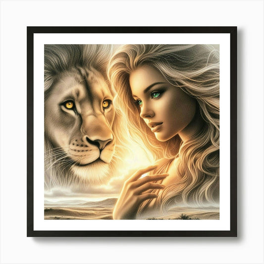 A beautiful woman and lion 5 Art Pr Framed Wall Art Poster Canvas Print Picture