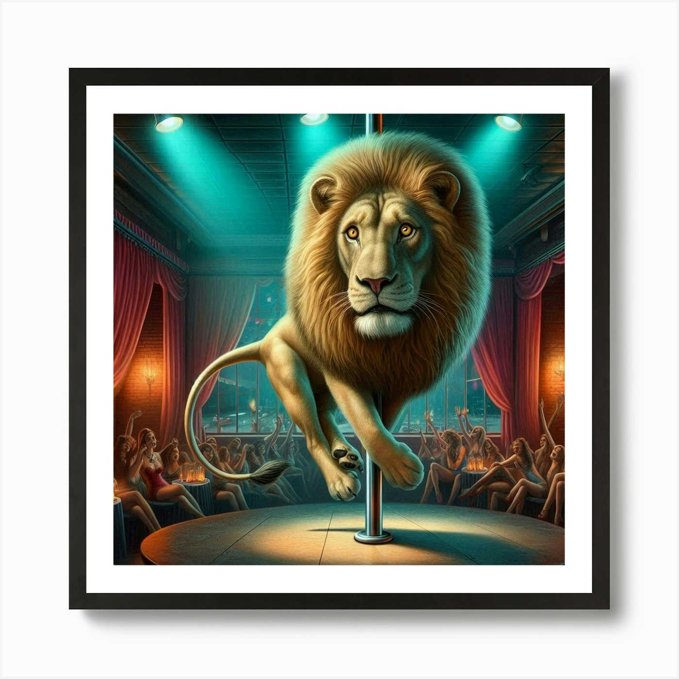 Lion On Pole Dancing Stage Art Prin Framed Wall Art Poster Canvas Print Picture