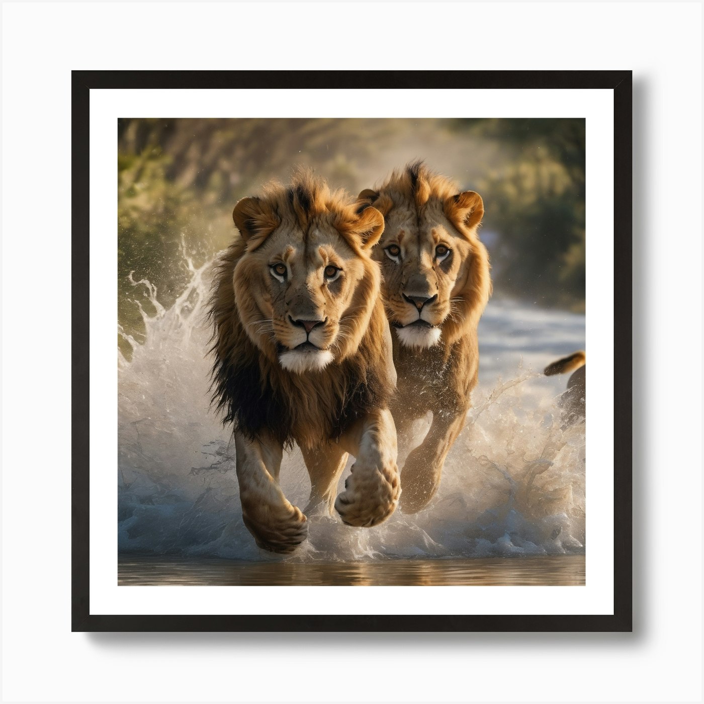 Lions Running In Water Art Print Framed Wall Art Poster Canvas Print Picture