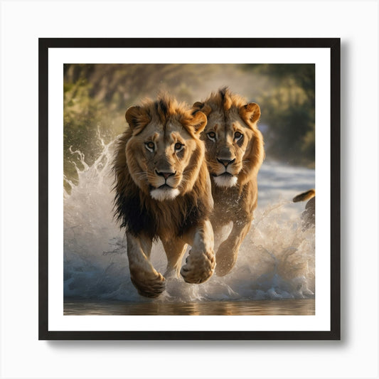 Lions Running In Water Art Print Framed Wall Art Poster Canvas Print Picture