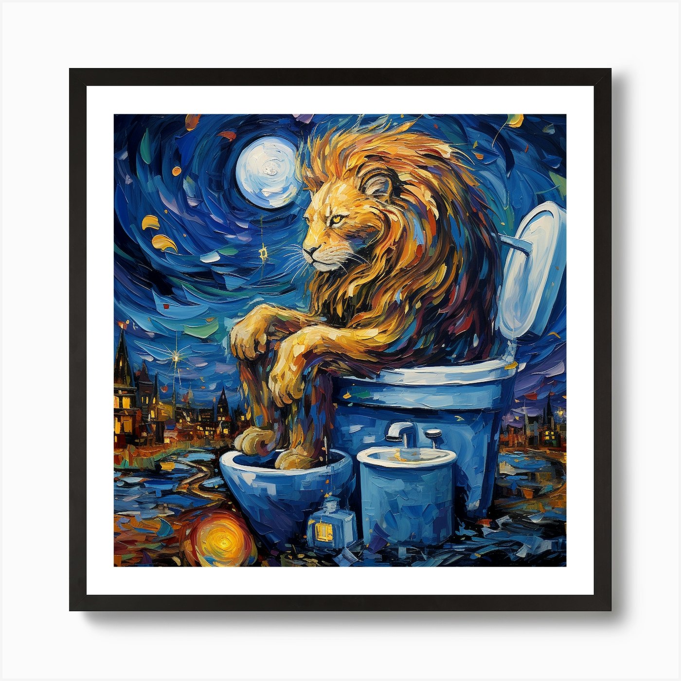 Lion On Toilet Art Print Framed Wall Art Poster Canvas Print Picture