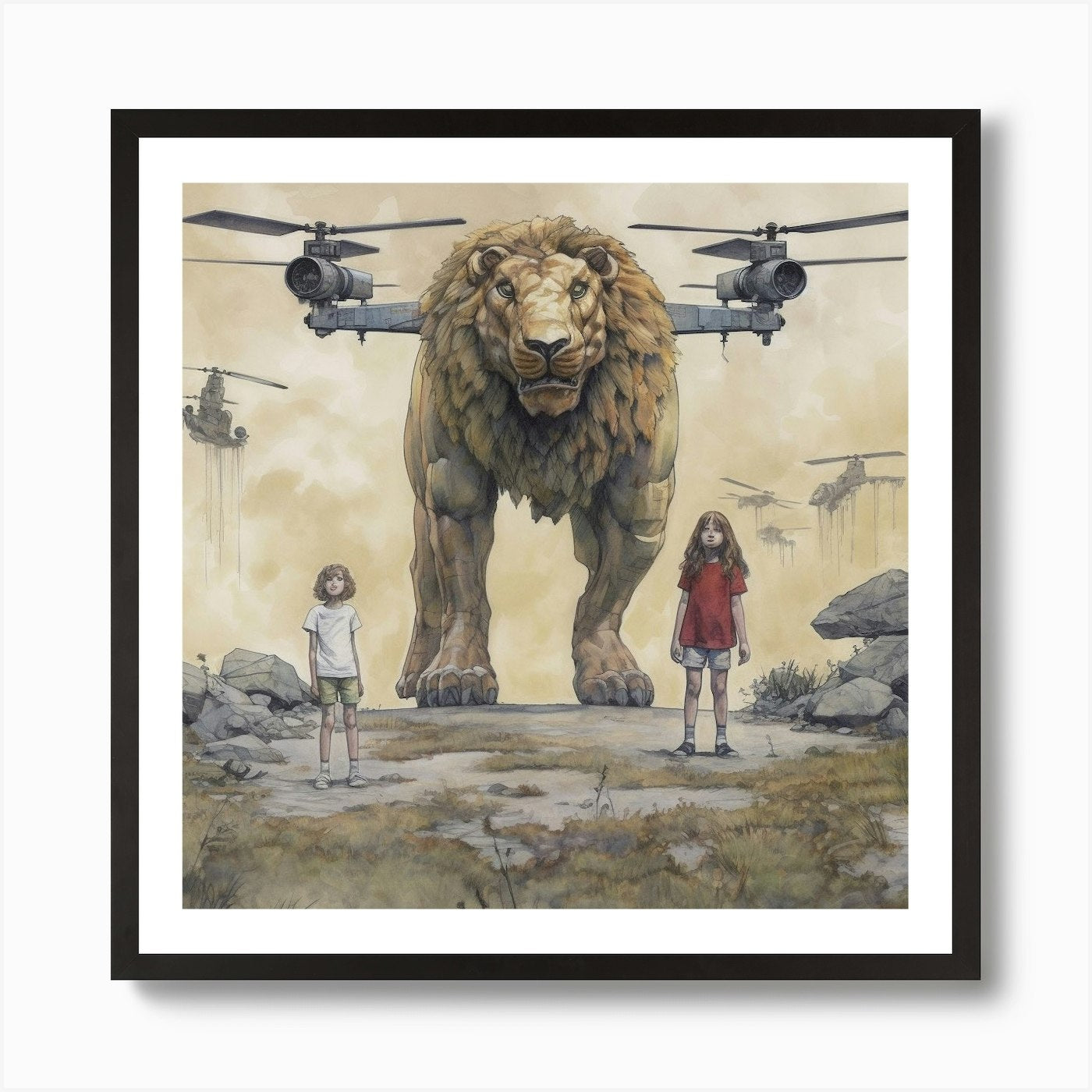 Lions And Helicopters Art Print Framed Wall Art Poster Canvas Print Picture