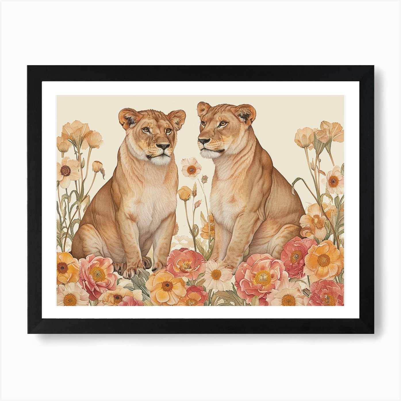Floral Animal Illustration Lion 2 A Framed Wall Art Poster Canvas Print Picture