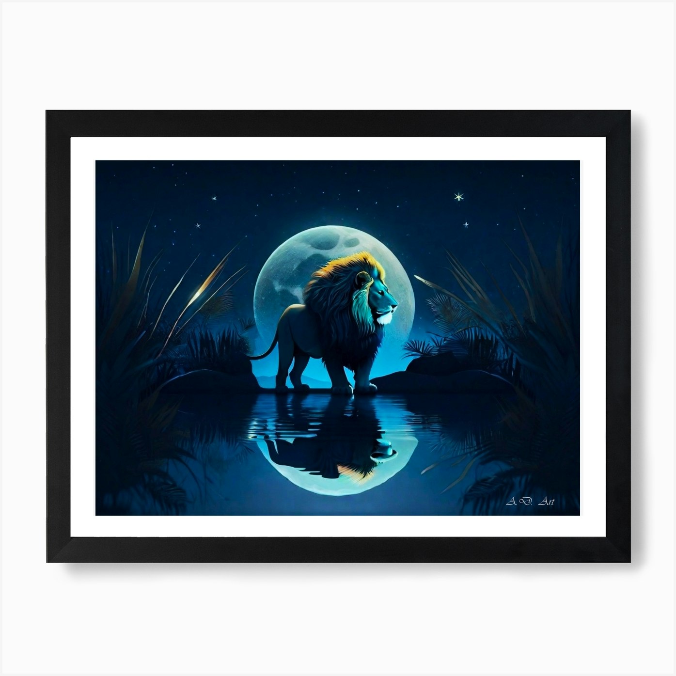 A Male Lion At Full Moon Night By T Framed Wall Art Poster Canvas Print Picture