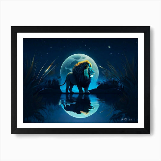 A Male Lion At Full Moon Night By T Framed Wall Art Poster Canvas Print Picture