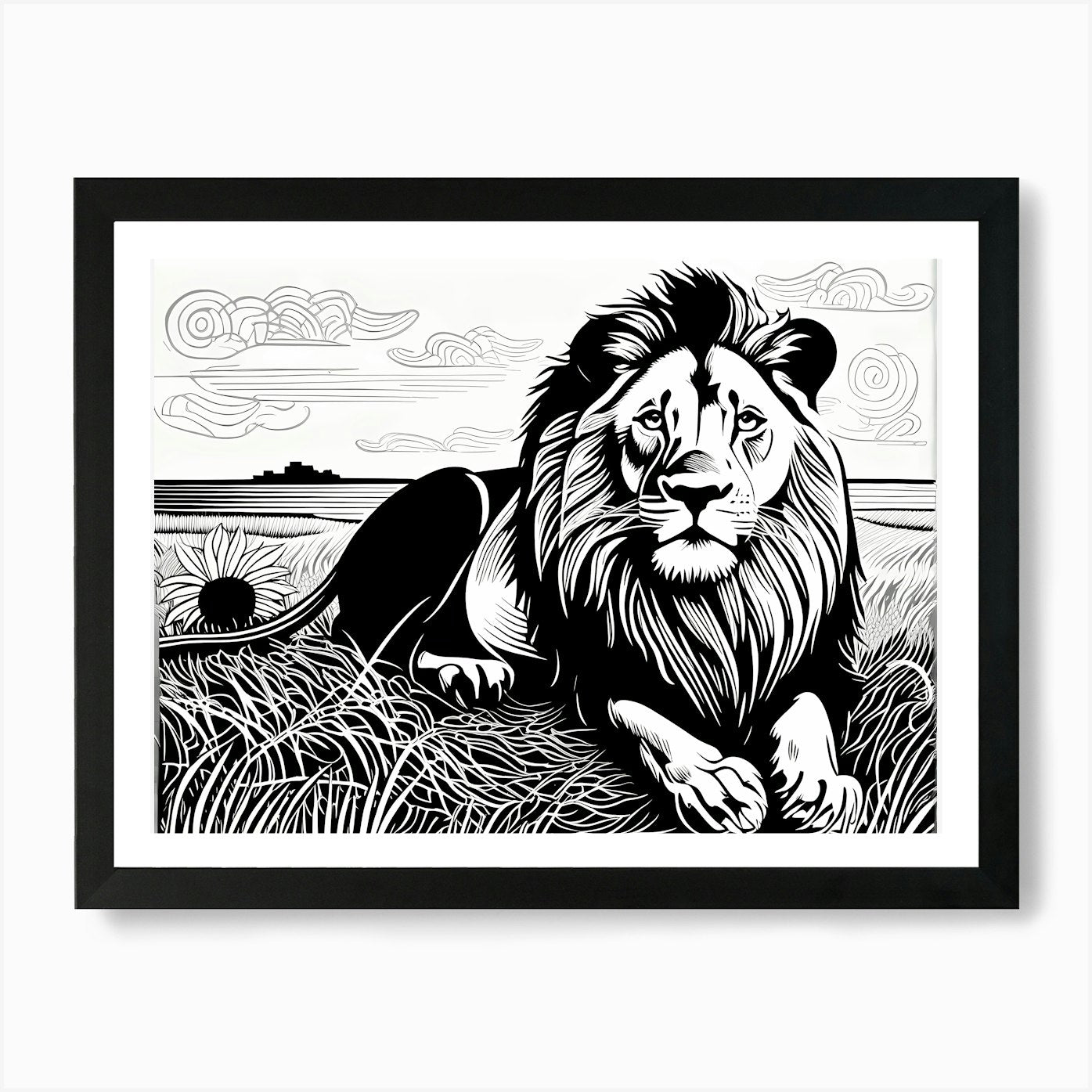 Lion Linocut Sketch Black And White Framed Wall Art Poster Canvas Print Picture