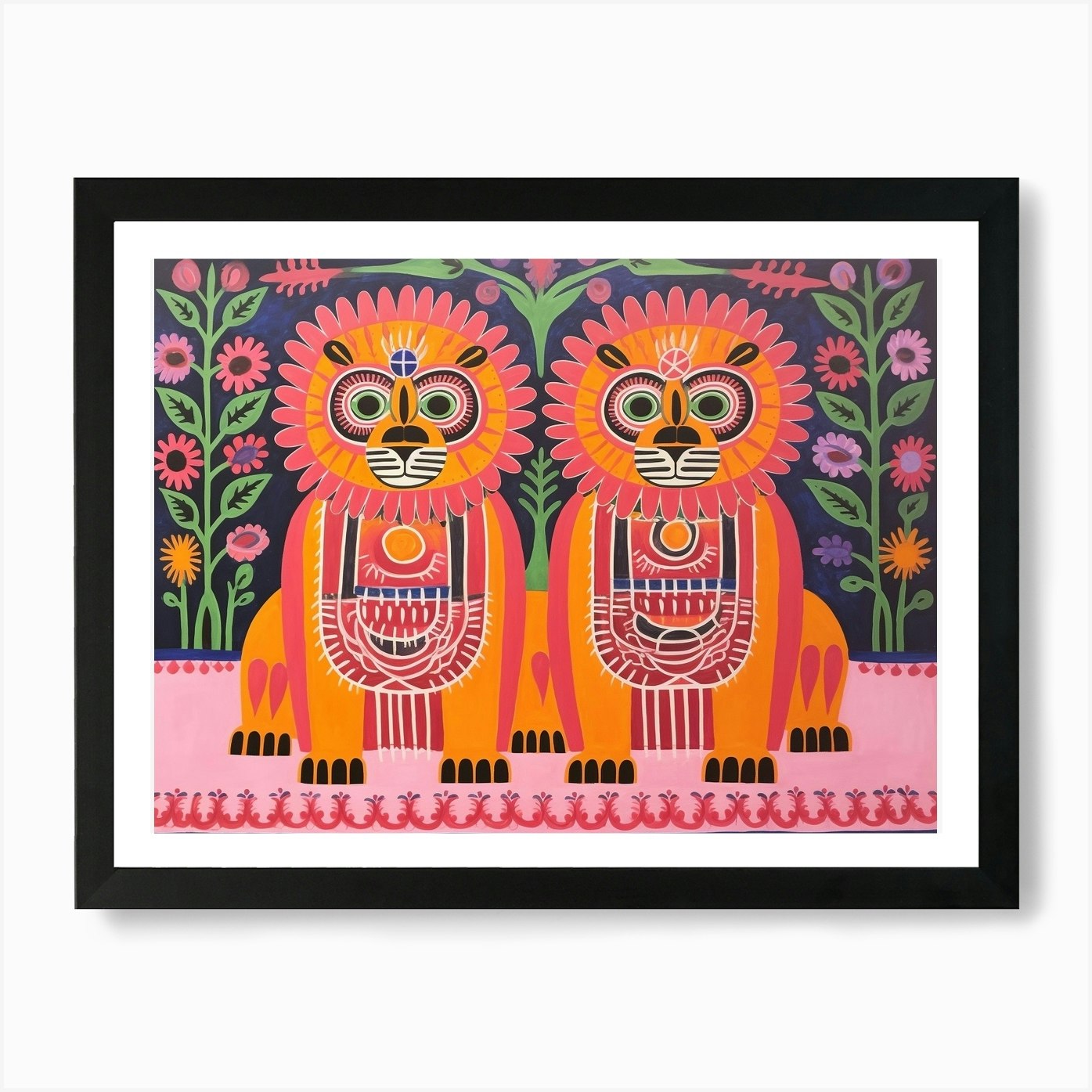 Lion 1 Folk Style Animal Illustrati Framed Wall Art Poster Canvas Print Picture