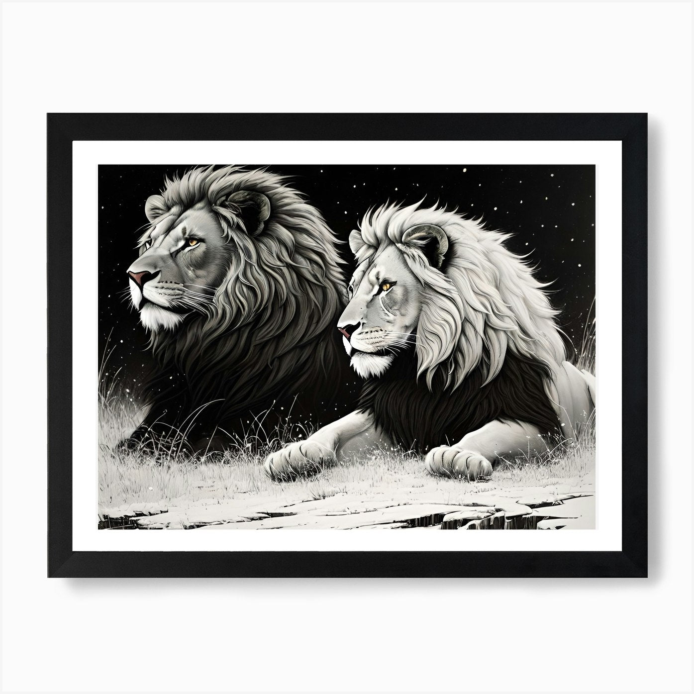 Two Lions Art Print Framed Wall Art Poster Canvas Print Picture