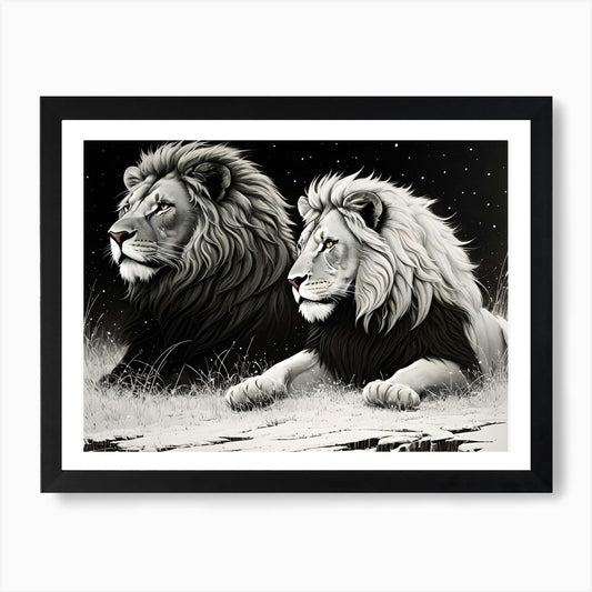Two Lions Art Print Framed Wall Art Poster Canvas Print Picture