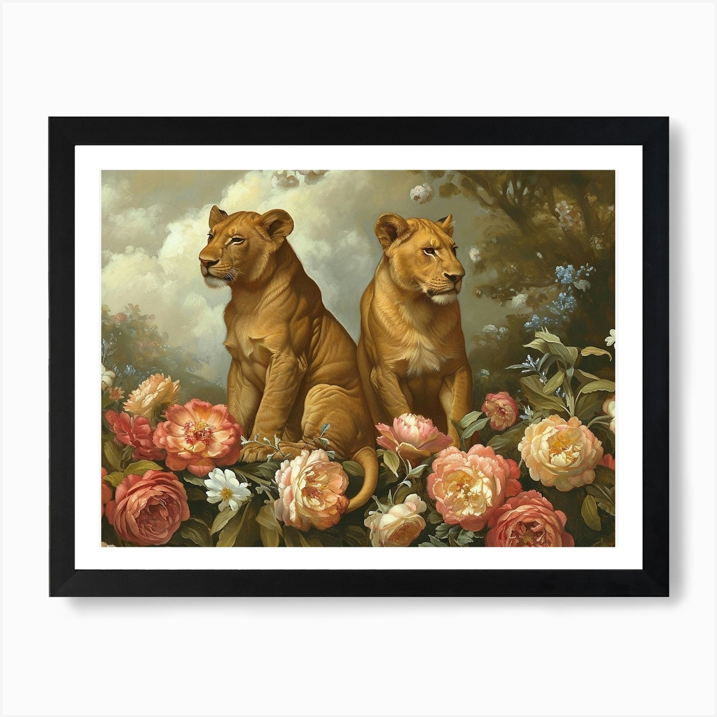 Floral Animal Illustration Lion 4 A Framed Wall Art Poster Canvas Print Picture