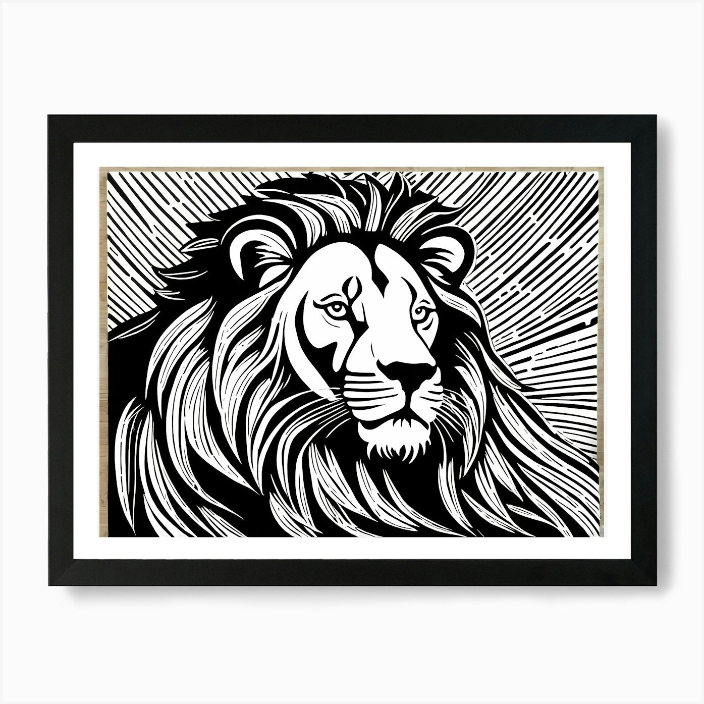 Lion Linocut Sketch Black And White Framed Wall Art Poster Canvas Print Picture