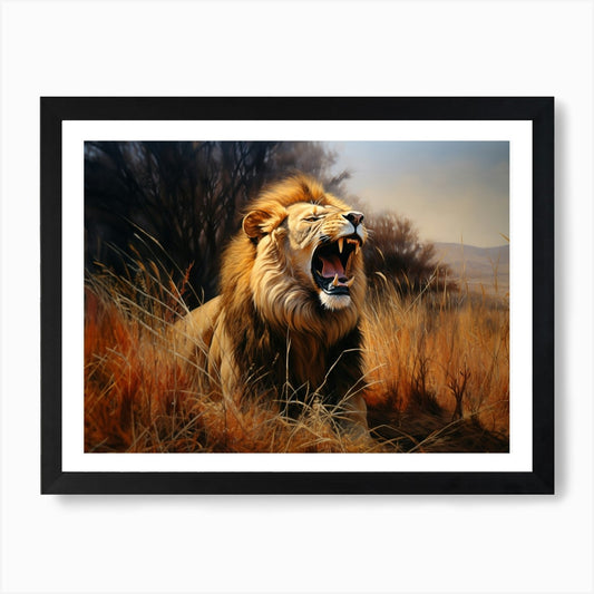 African Lion Roaring Realism Painti Framed Wall Art Poster Canvas Print Picture