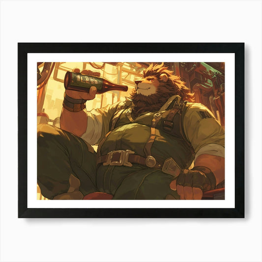 Steampunk Lion taking a drink break Framed Wall Art Poster Canvas Print Picture