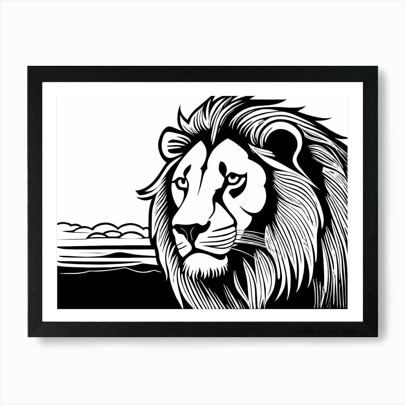 Lion Linocut Sketch Black And White Framed Wall Art Poster Canvas Print Picture