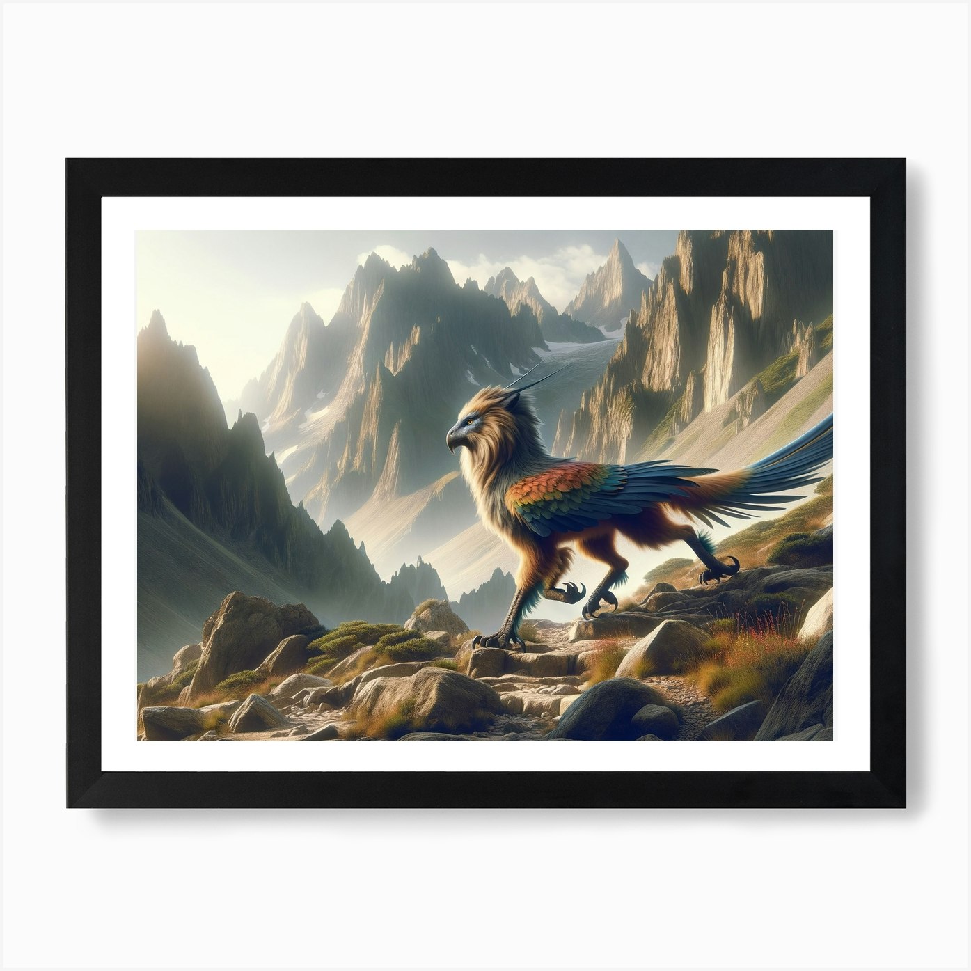 Lion-Bird in the Mountains Fantasy  Framed Wall Art Poster Canvas Print Picture