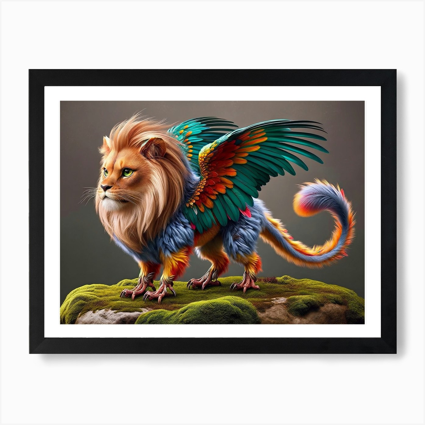 Skyline Prowler Flying-Lion Fantasy Framed Wall Art Poster Canvas Print Picture