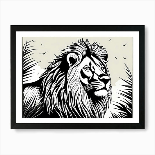 Lion Linocut Sketch Black And White Framed Wall Art Poster Canvas Print Picture