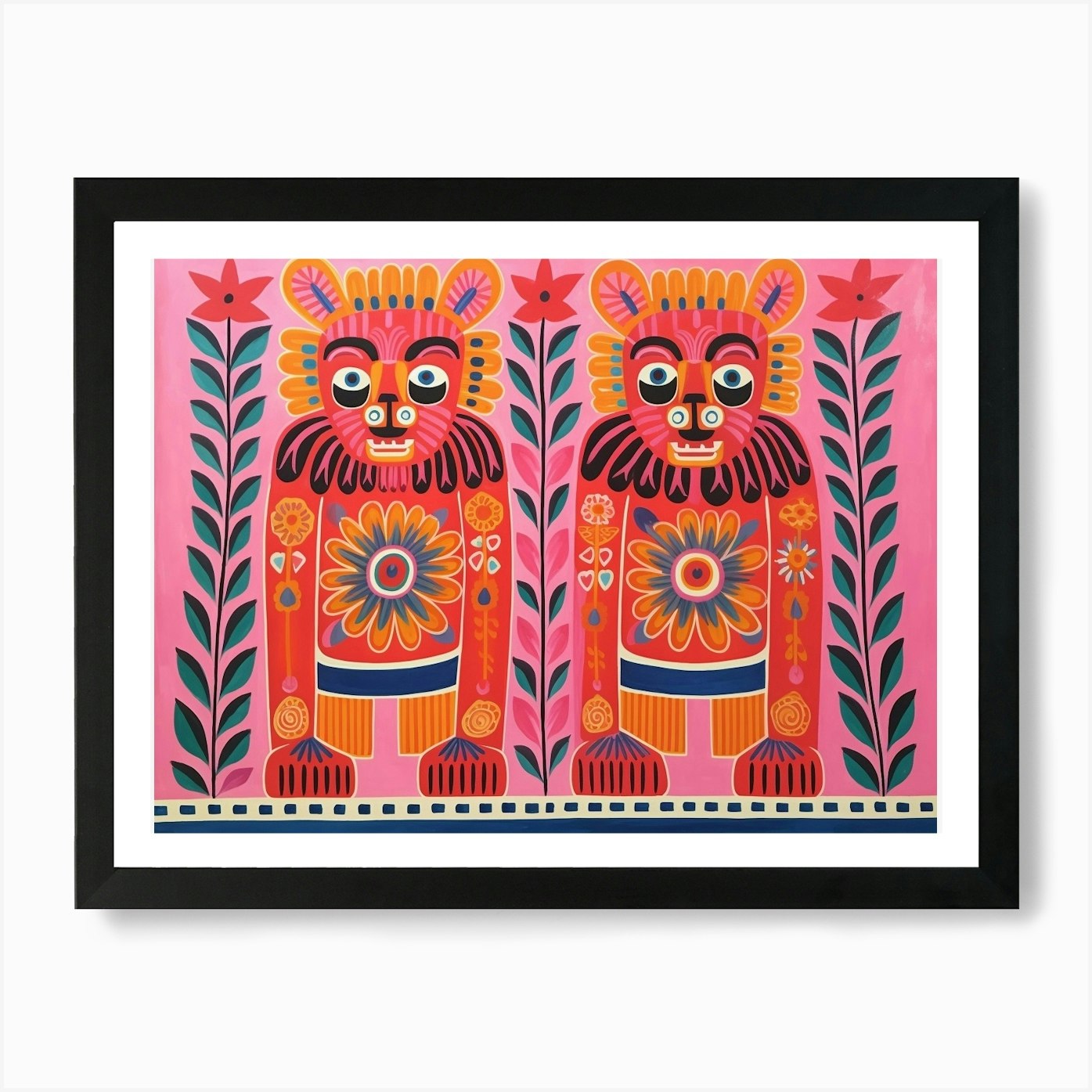 Lion 2 Folk Style Animal Illustrati Framed Wall Art Poster Canvas Print Picture