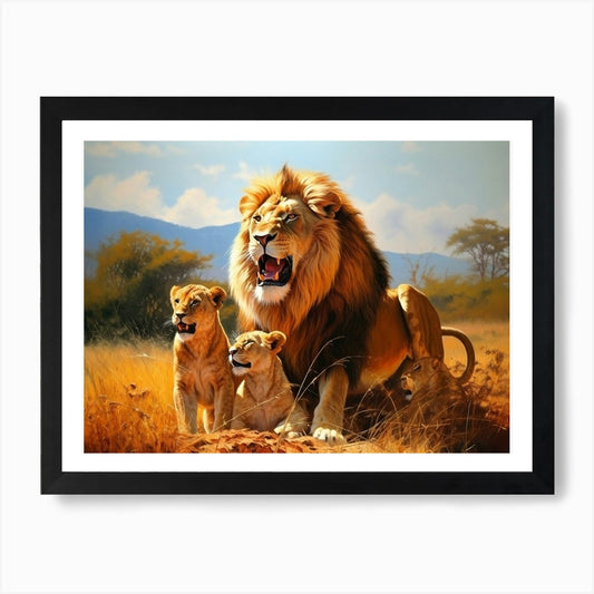 African Lion With Cubs Realism Pain Framed Wall Art Poster Canvas Print Picture