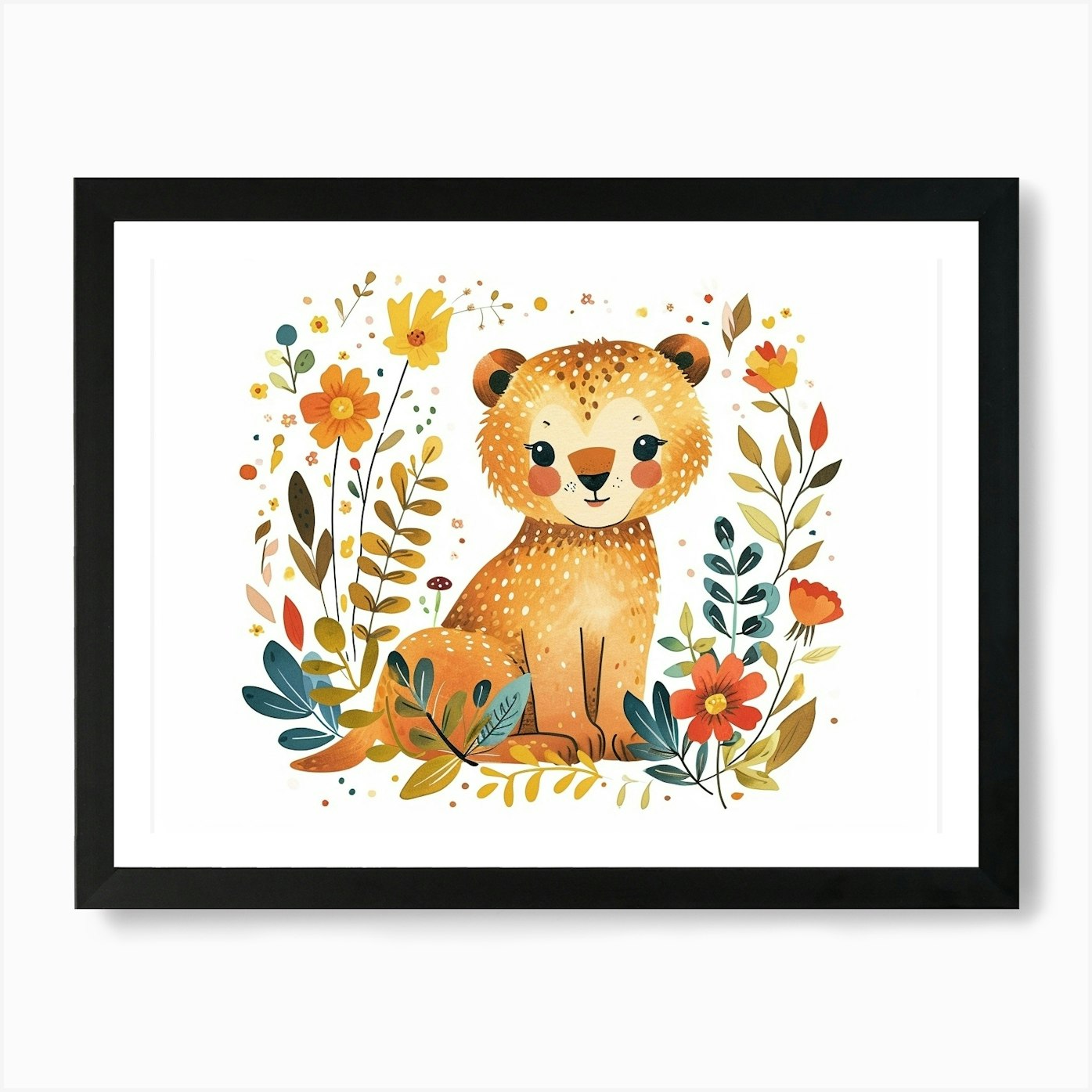 Little Floral Mountain Lion 2 Art P Framed Wall Art Poster Canvas Print Picture