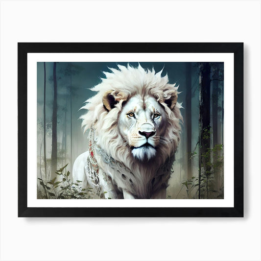 White Lion In The Forest Art Print Framed Wall Art Poster Canvas Print Picture