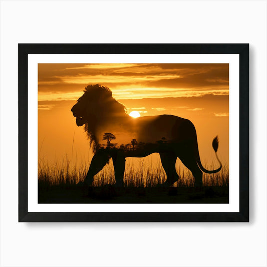A Lion In Double Exposure Of The Sa Framed Wall Art Poster Canvas Print Picture