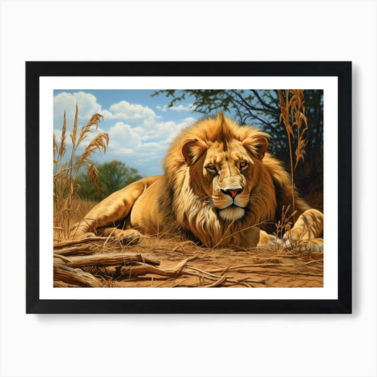 African Lion Resting Realism Painti Framed Wall Art Poster Canvas Print Picture