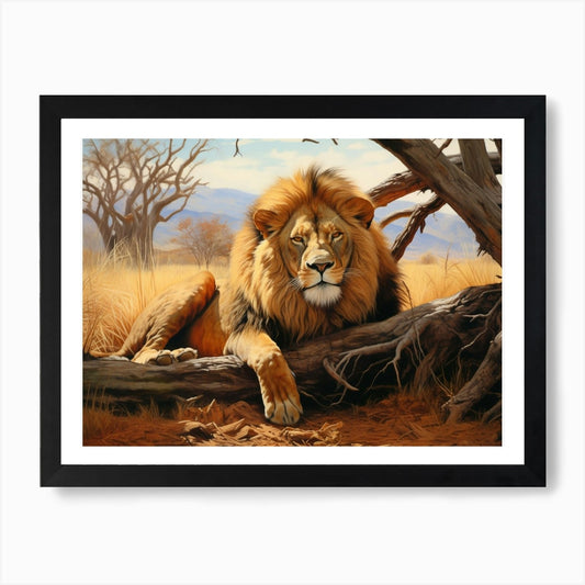 African Lion Resting Realism Painti Framed Wall Art Poster Canvas Print Picture