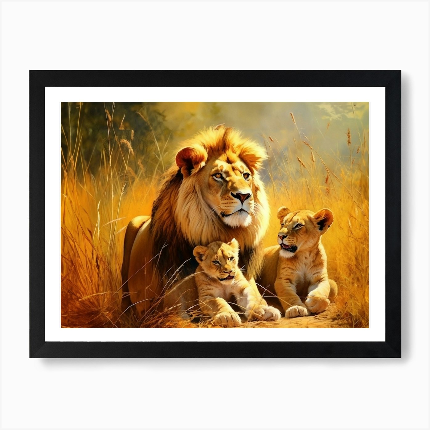 African Lion With Cubs Realism Pain Framed Wall Art Poster Canvas Print Picture