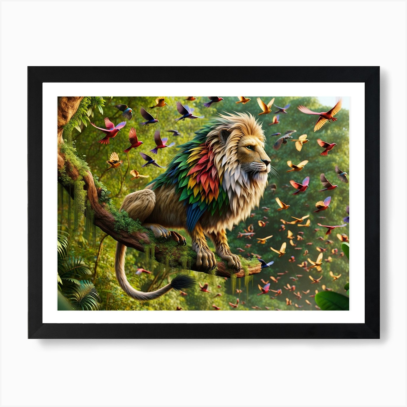 Lion-Bird in Summer Fantasy Art Pri Framed Wall Art Poster Canvas Print Picture