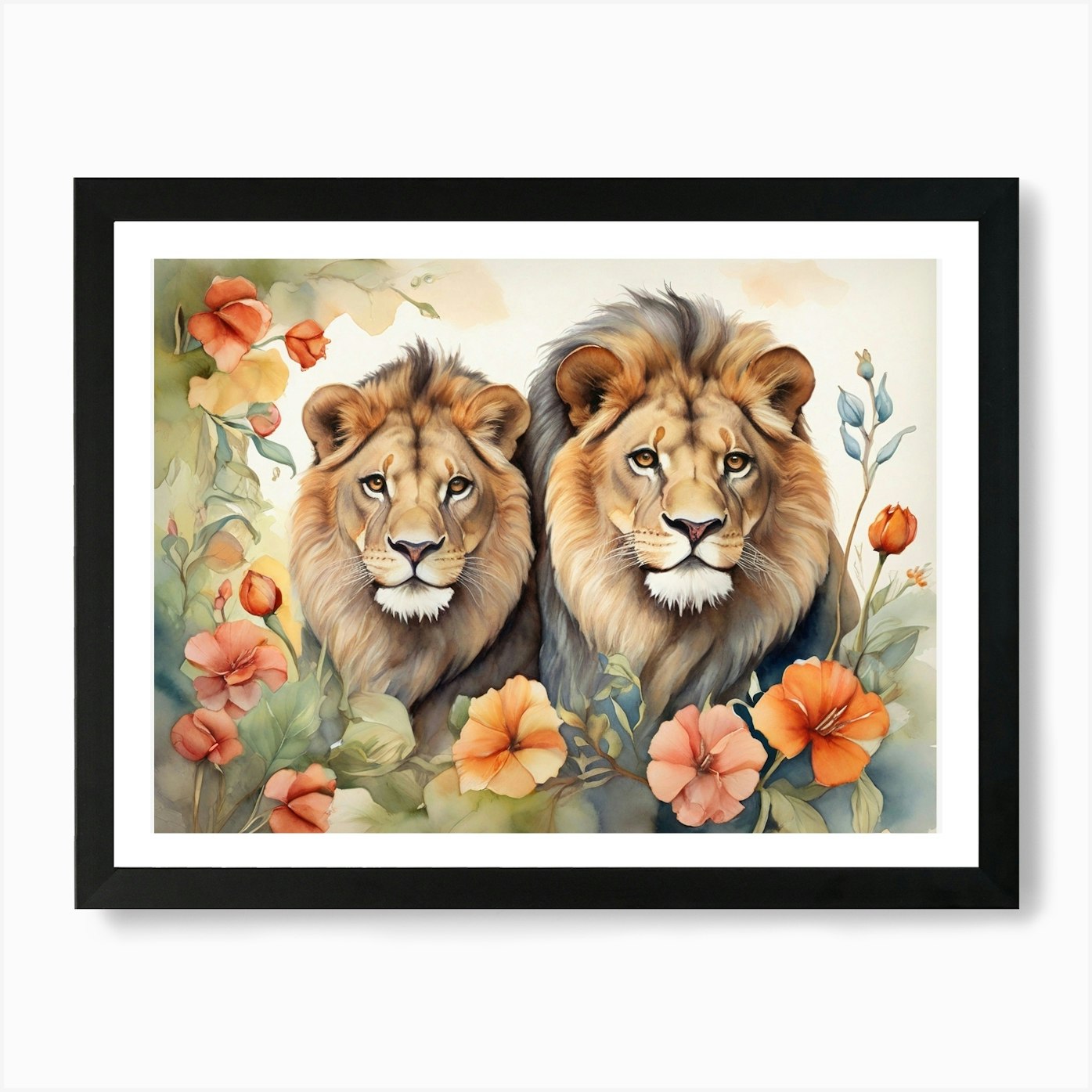 Vintage Lions Floral Painting Art P Framed Wall Art Poster Canvas Print Picture