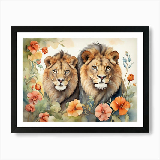 Vintage Lions Floral Painting Art P Framed Wall Art Poster Canvas Print Picture