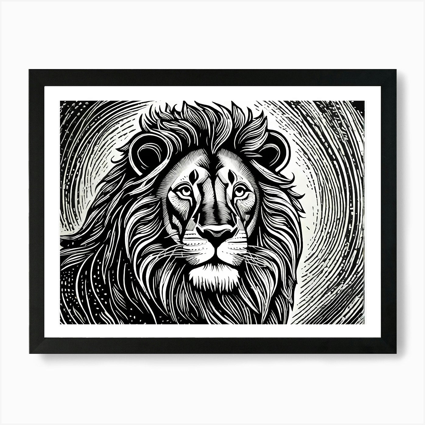 Lion Linocut Sketch Black And White Framed Wall Art Poster Canvas Print Picture