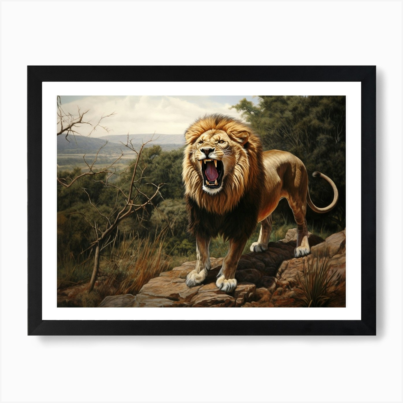 African Lion Roaring Realism Painti Framed Wall Art Poster Canvas Print Picture