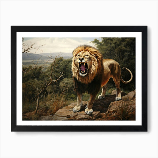 African Lion Roaring Realism Painti Framed Wall Art Poster Canvas Print Picture