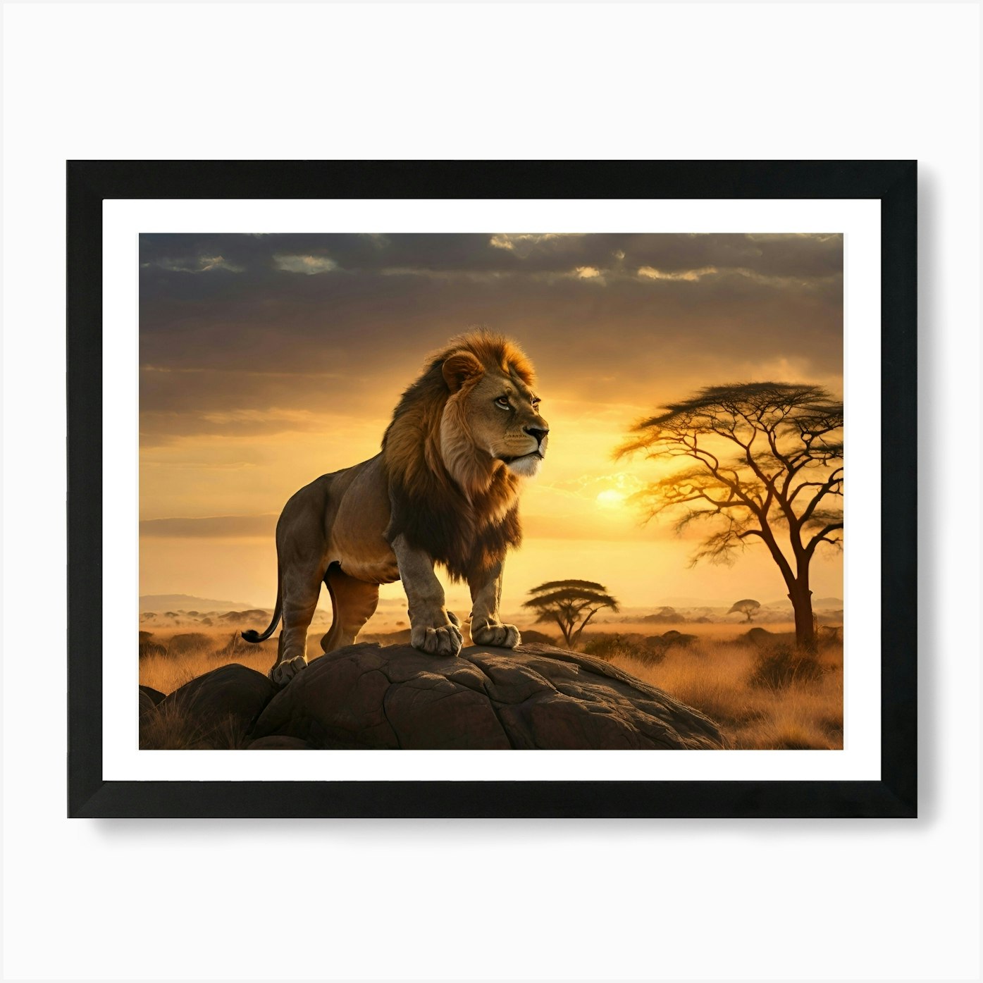 Lion At Sunset Paintings Art Print  Framed Wall Art Poster Canvas Print Picture