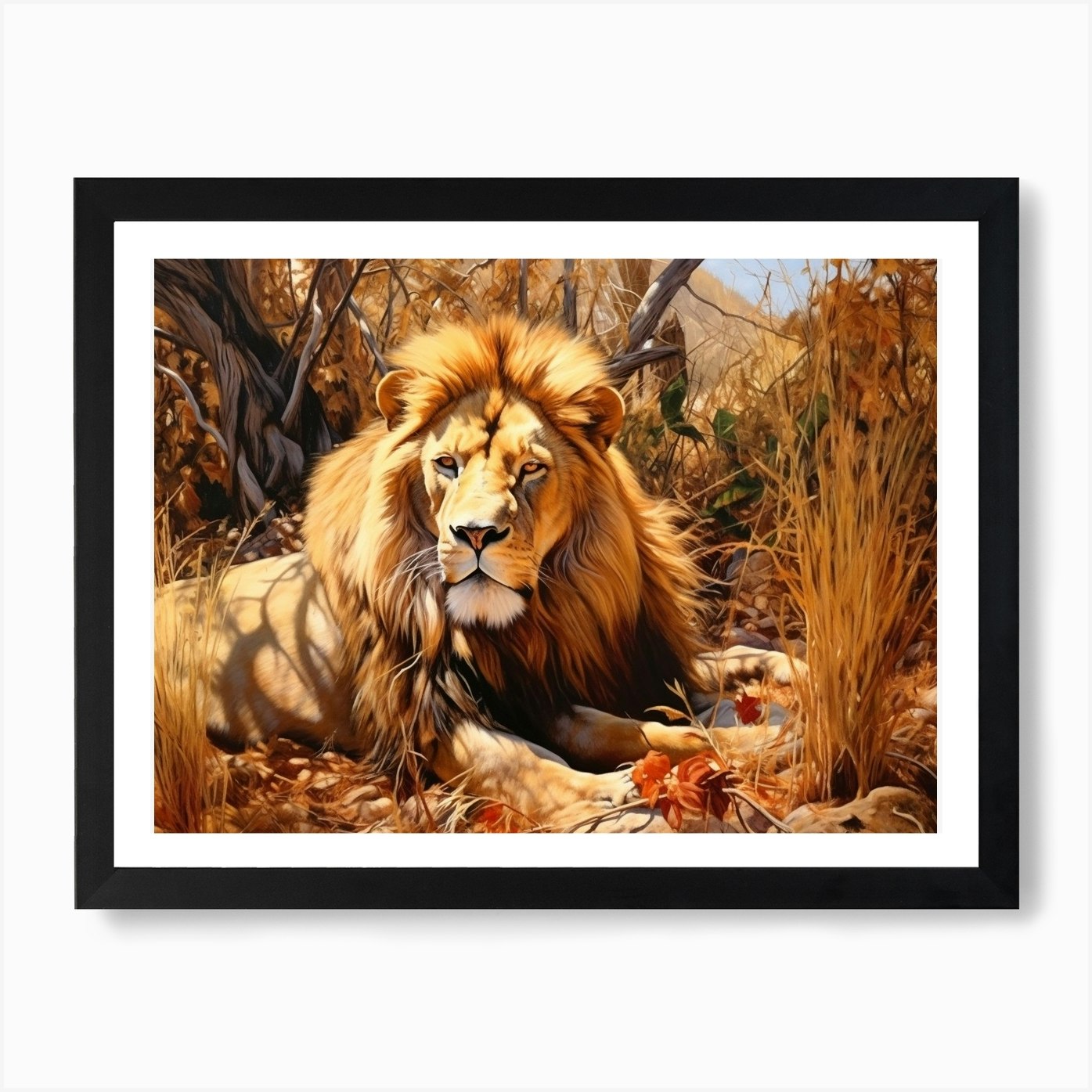 African Lion Resting Realism Painti Framed Wall Art Poster Canvas Print Picture