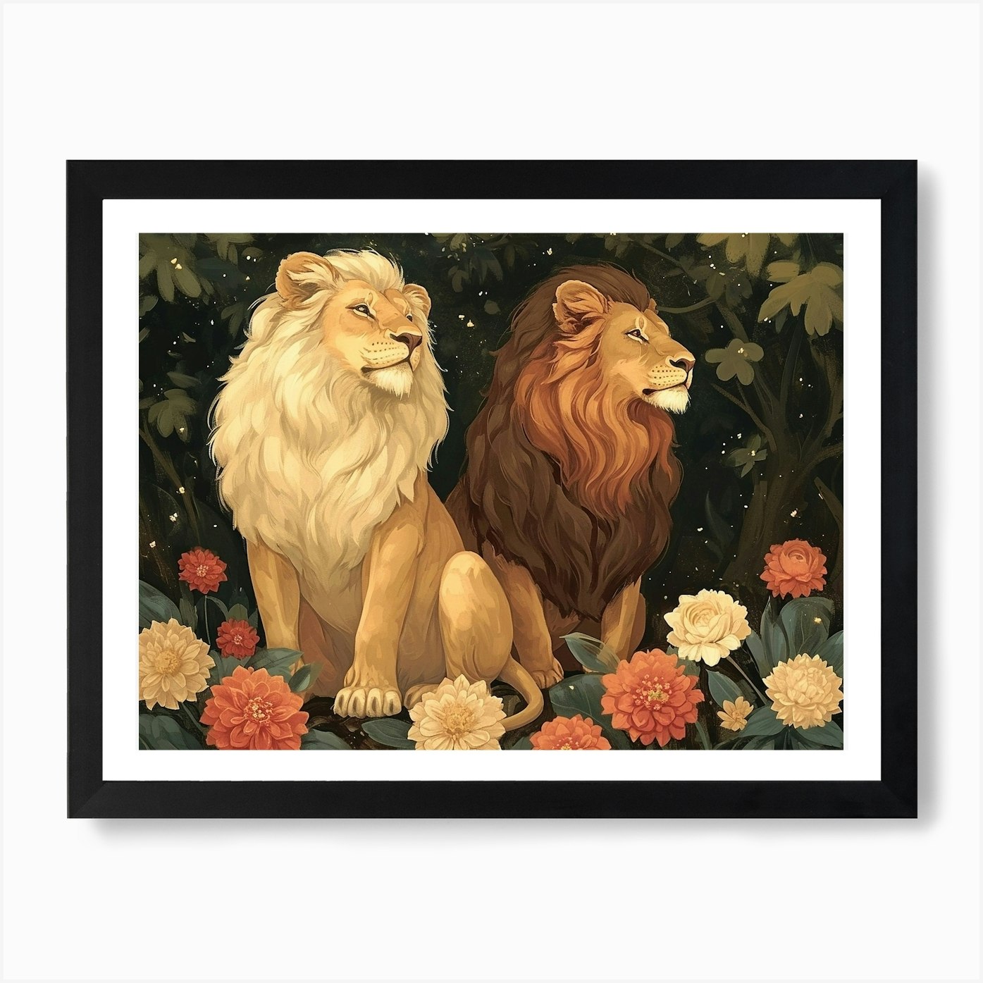 Floral Animal Illustration Lion 1 A Framed Wall Art Poster Canvas Print Picture