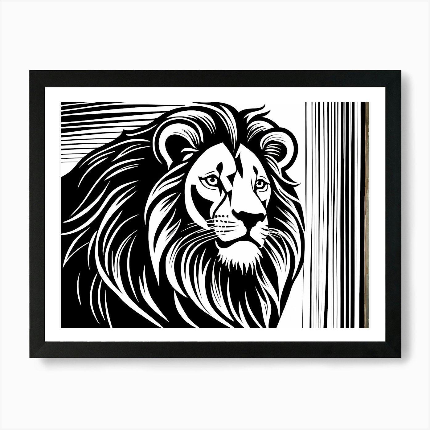 Lion Linocut Sketch Black And White Framed Wall Art Poster Canvas Print Picture