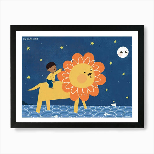 Lion And The Moon Art Print Framed Wall Art Poster Canvas Print Picture