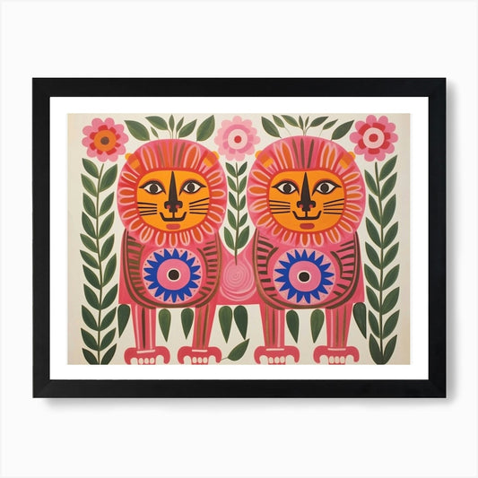 Lion 6 Folk Style Animal Illustrati Framed Wall Art Poster Canvas Print Picture
