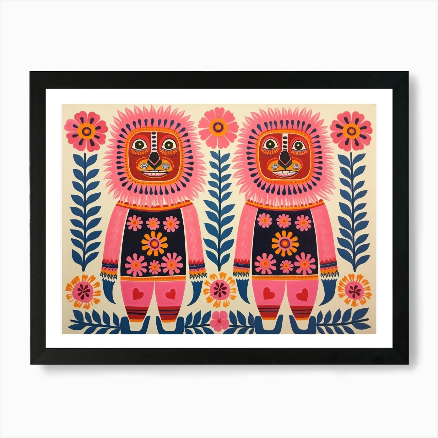 Lion 4 Folk Style Animal Illustrati Framed Wall Art Poster Canvas Print Picture