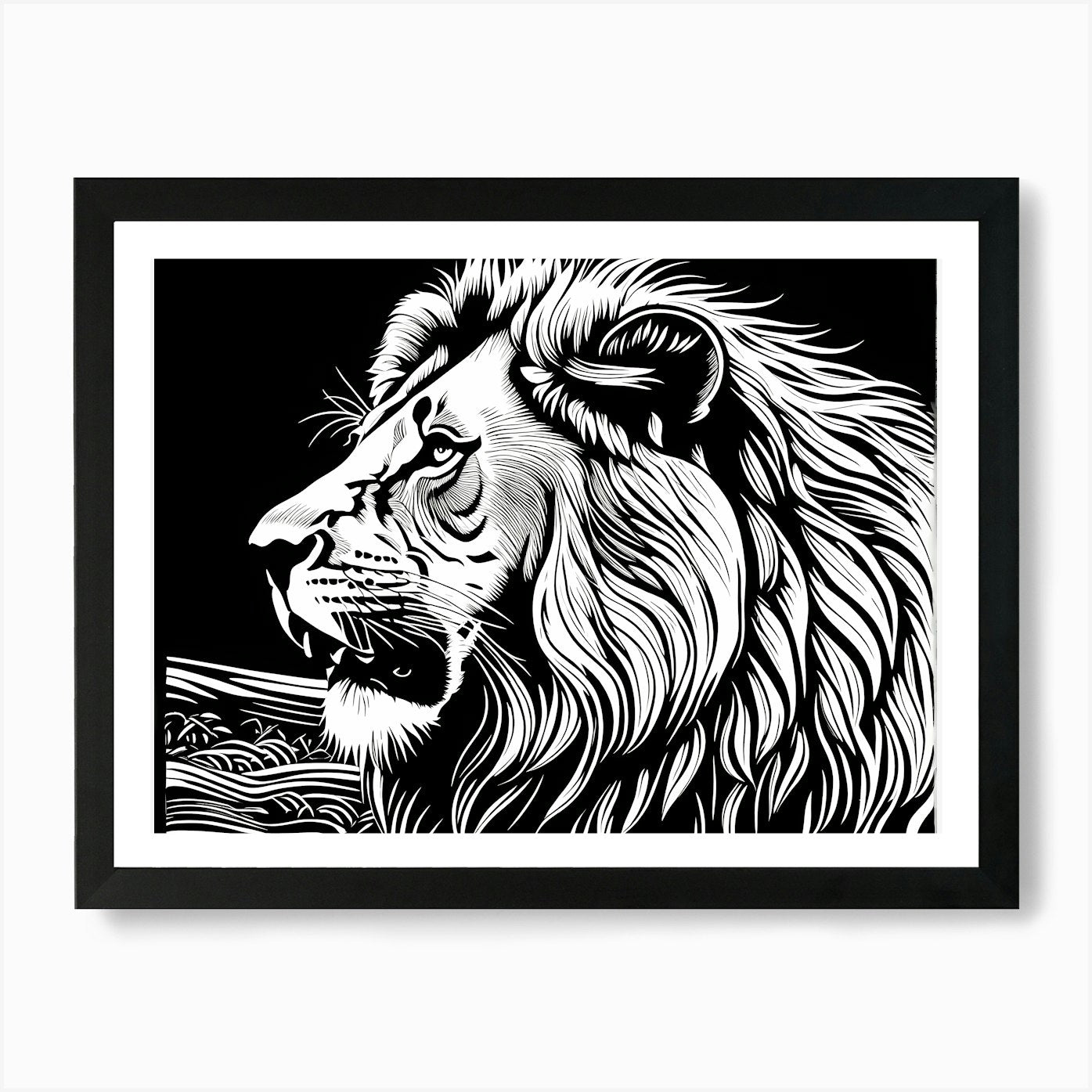 Lion Linocut Sketch Black And White Framed Wall Art Poster Canvas Print Picture
