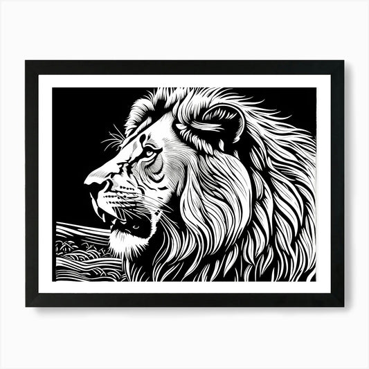 Lion Linocut Sketch Black And White Framed Wall Art Poster Canvas Print Picture