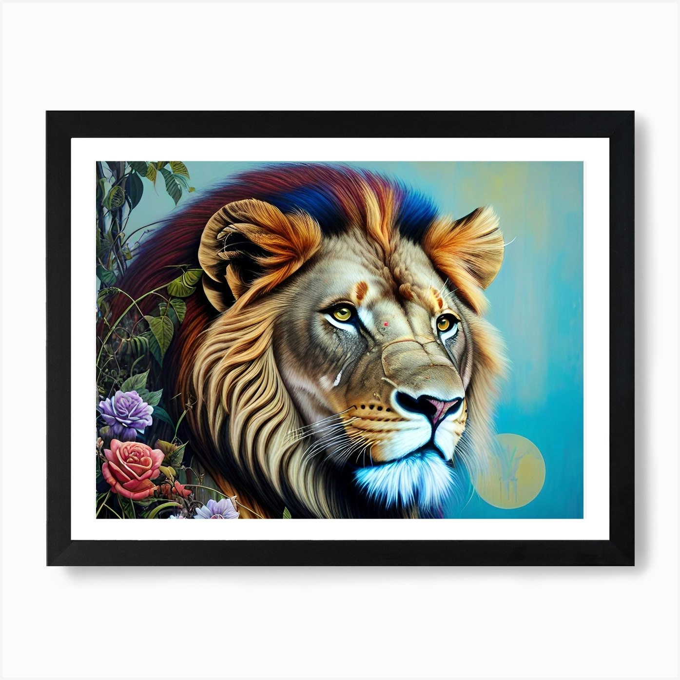 Lion With Roses Art Print Framed Wall Art Poster Canvas Print Picture