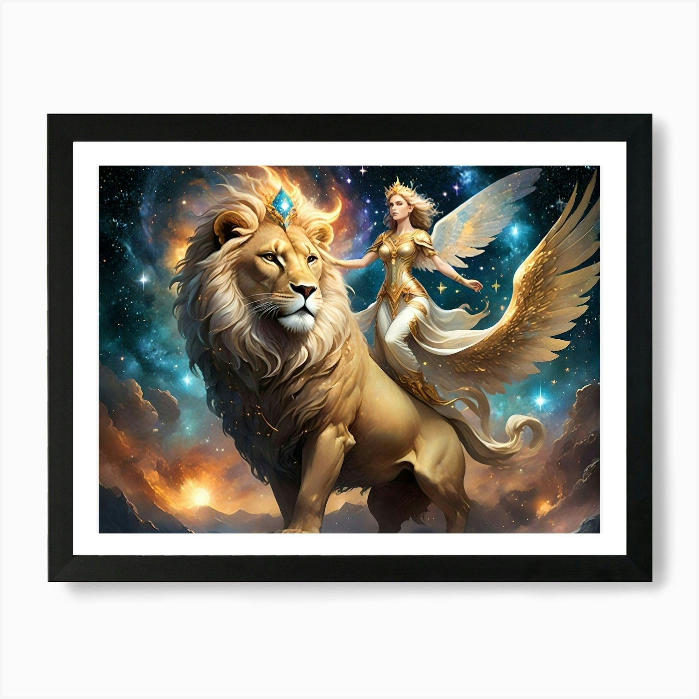 Lion And Angel Wings Art Print Framed Wall Art Poster Canvas Print Picture