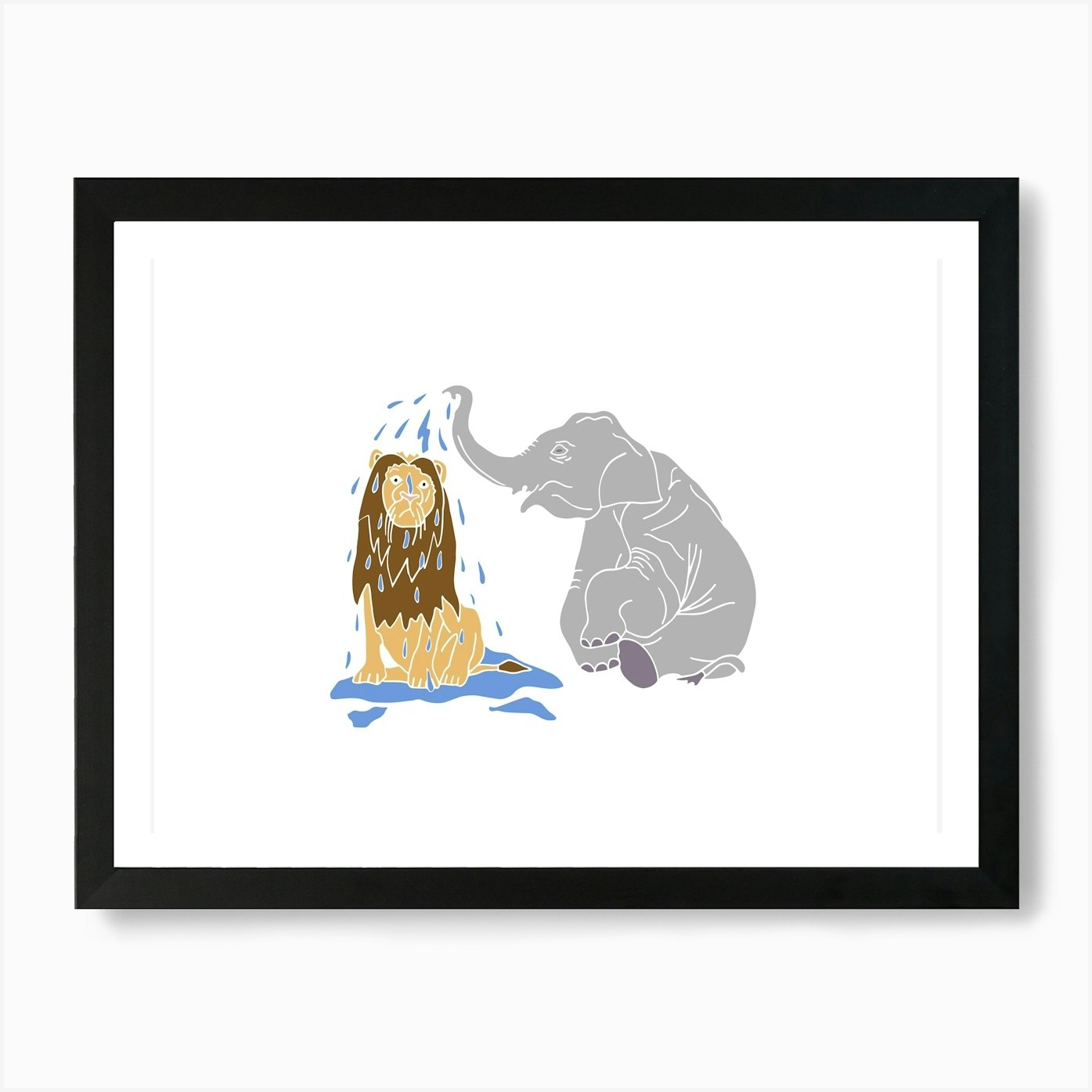 Elephant Showering A Lion With Trun Framed Wall Art Poster Canvas Print Picture