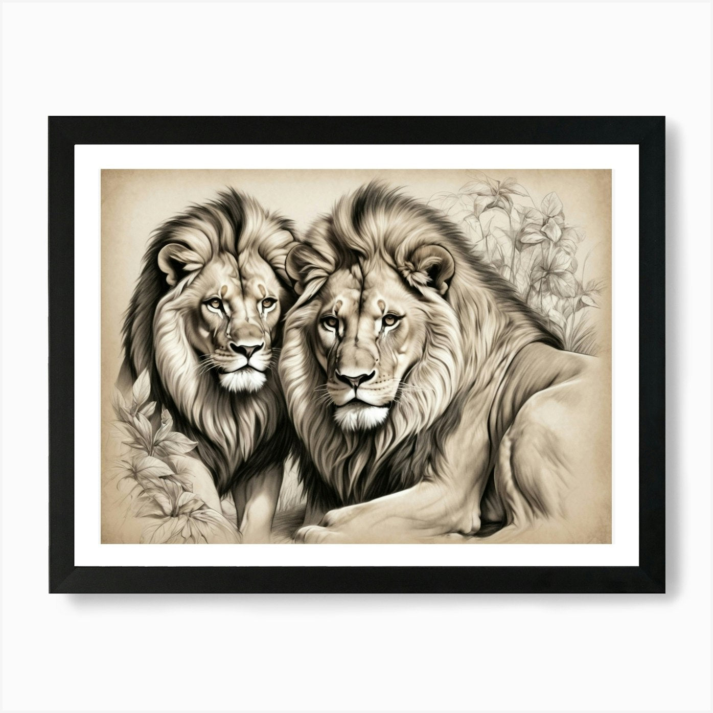 Two Lions Art Print Framed Wall Art Poster Canvas Print Picture