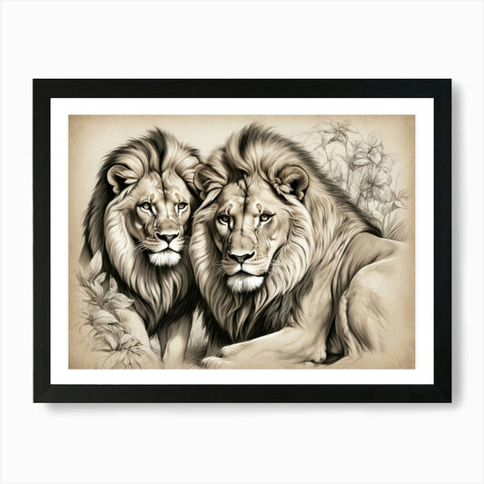 Two Lions Art Print Framed Wall Art Poster Canvas Print Picture